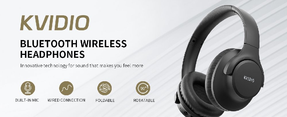 Black over-ear Bluetooth wireless headphones with cushioned ear cups and headband. Features include built-in mic, voice connection, foldable design, and 10-hour battery life.